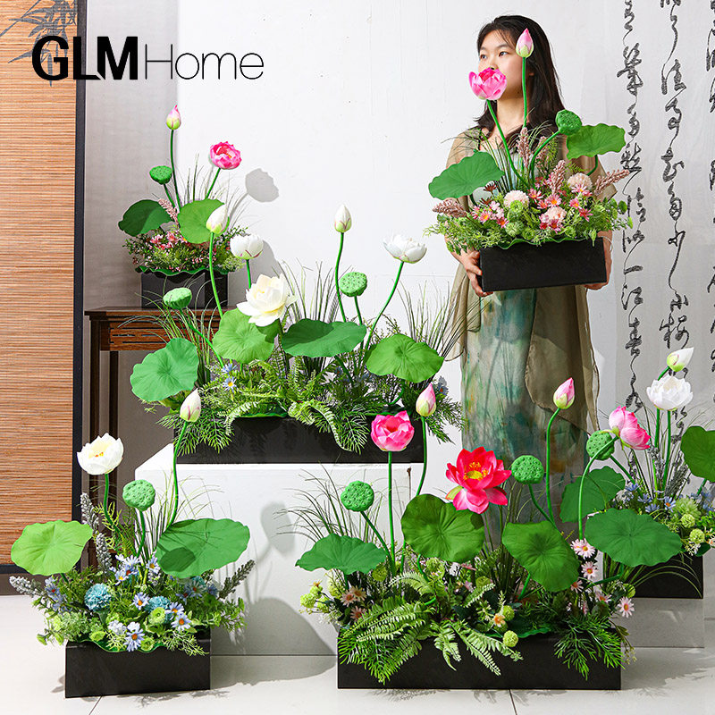 莫奈花园风造景荷花仿真花假花摆设店铺橱窗装修场景布置仿生绿植