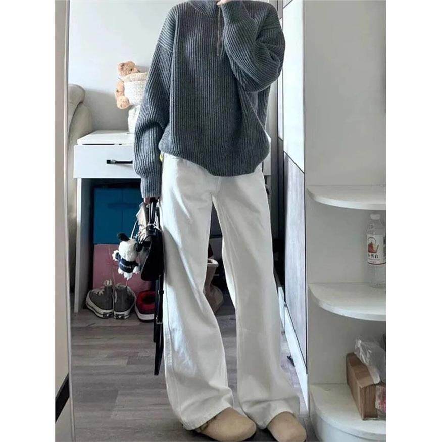 白色直筒高腰牛仔裤女202