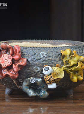 青藤器韩式手工多肉花盆群生矮圆口径15/20cm 麦饭石粗陶透气装饰
