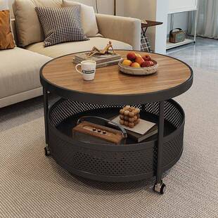 意式极简岩板茶几小户型客厅家用轻奢圆形中古风新款可移动小推车