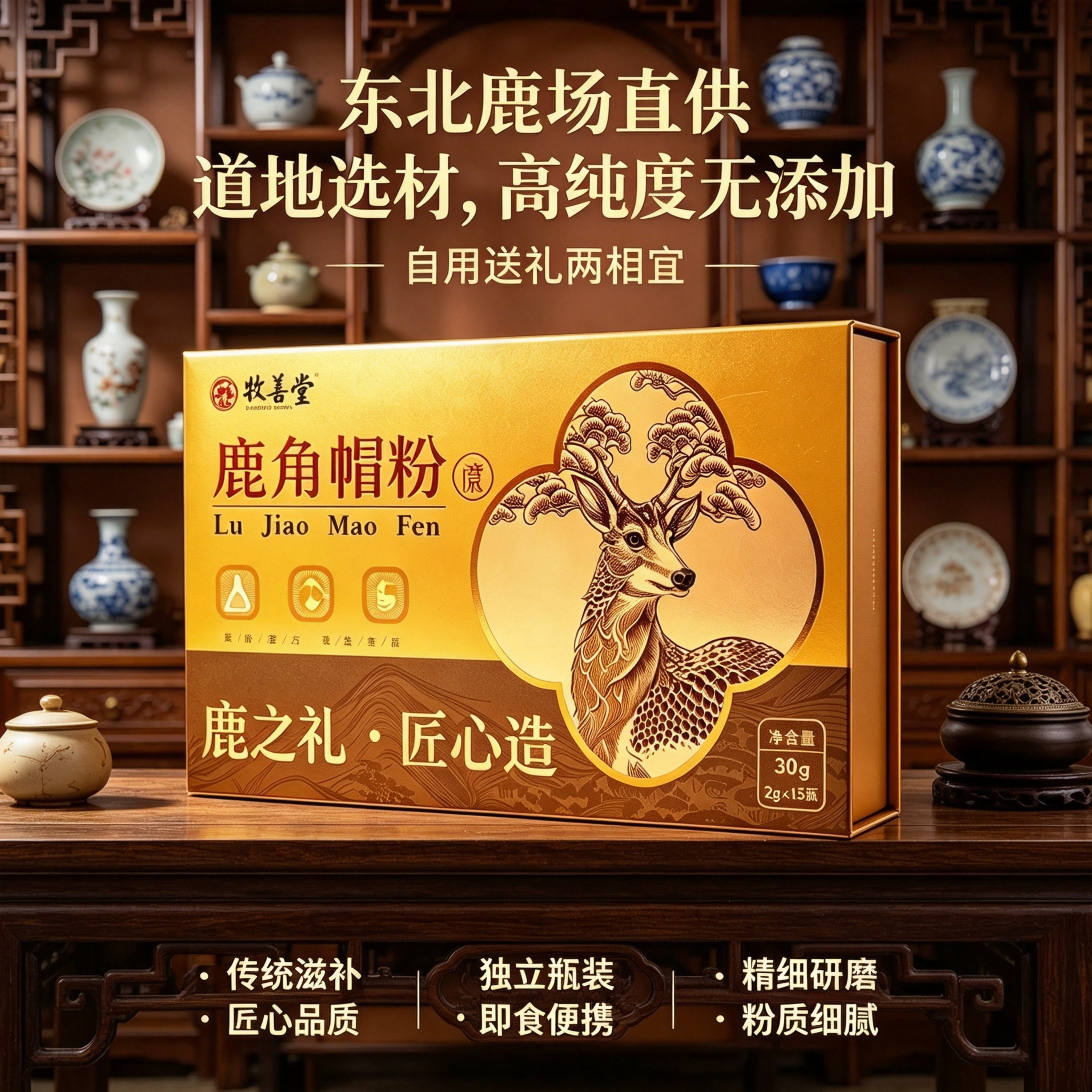 梅花鹿鹿角帽粉30g礼盒装东北鹿场直供高纯度独立瓶装送礼佳品