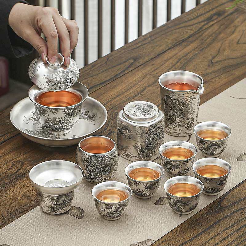 轻奢高档鎏银茶具套装银上作画龙凤茶杯子盖碗套组养生茶杯整套组