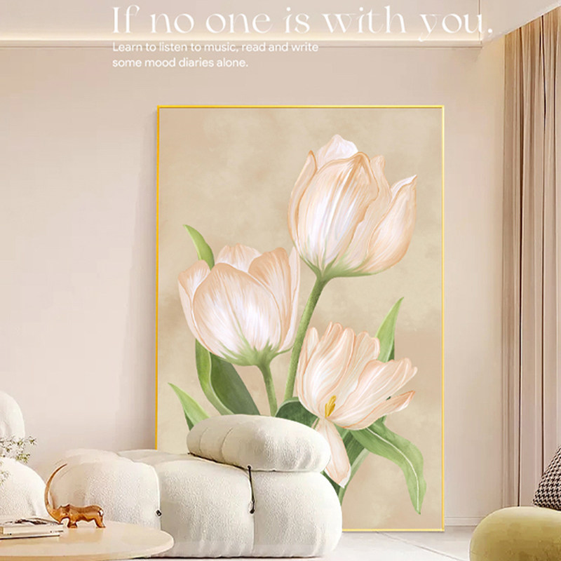 奶油风客厅装饰画郁金香沙发背景墙挂画花卉落地画艺术感玄关挂画
