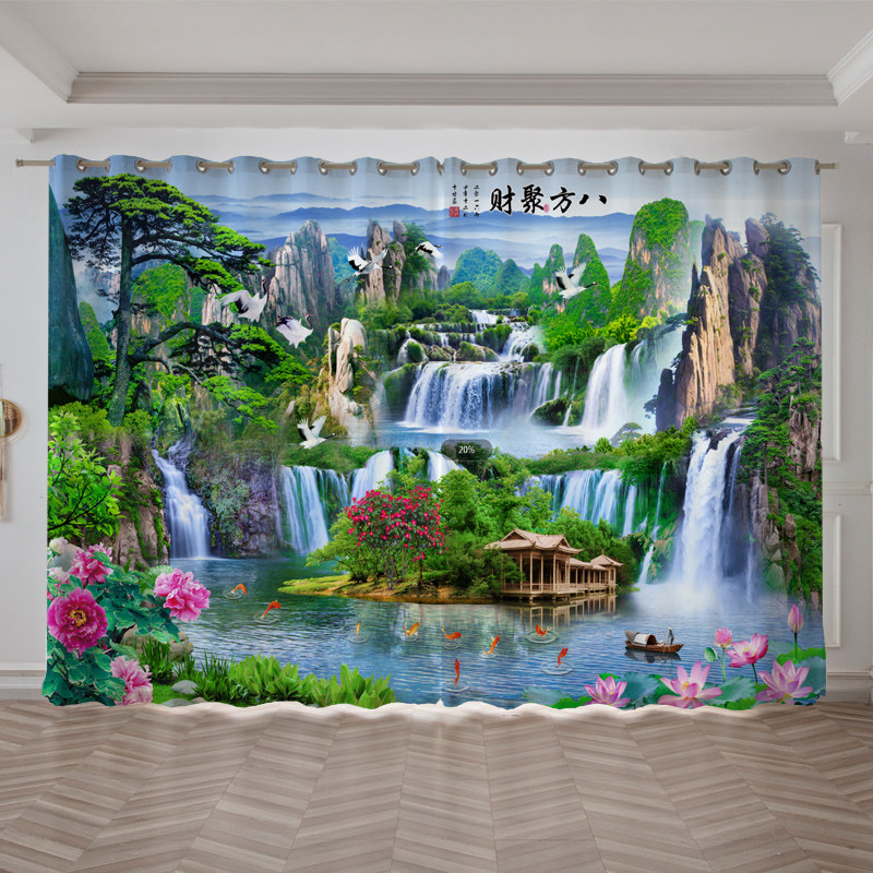 定制中式山水风景水墨画窗帘客厅书房办公会议室遮光隔热落地窗纱