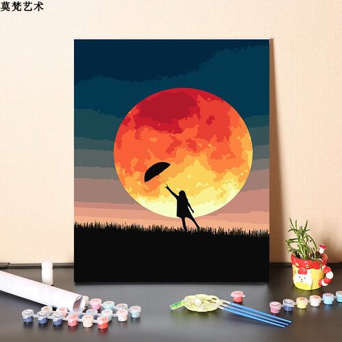 数字油画diy手工填充追梦的人手绘手捞月亮夜晚风景涂色油彩画画