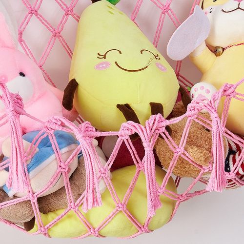 四角玩具网兜毛绒公仔收纳吊床流苏装饰儿童房玩具墙兜壁饰背景墙