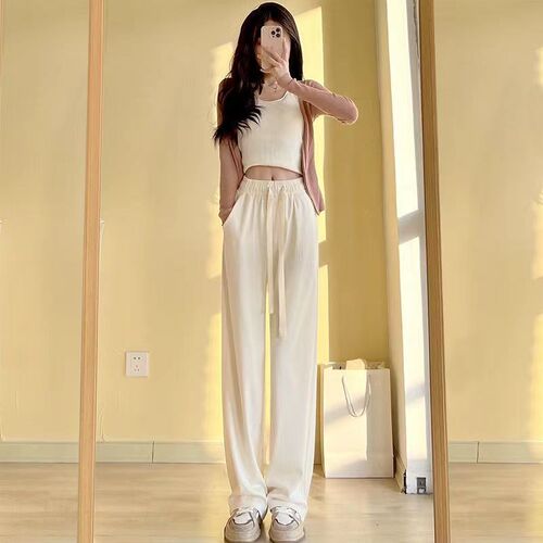 White Ice Silk Wide-Leg Pants Womens Summer Thin New High W