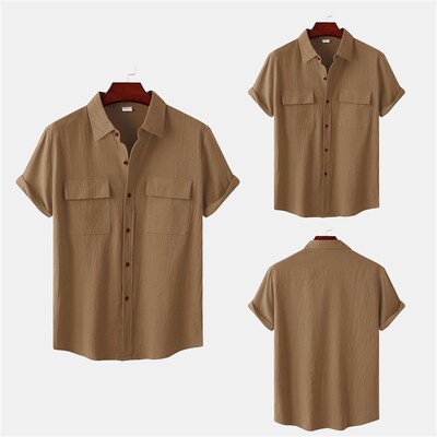 Summer Linen Short Sleeve Shirt for Men Square Collar Casual