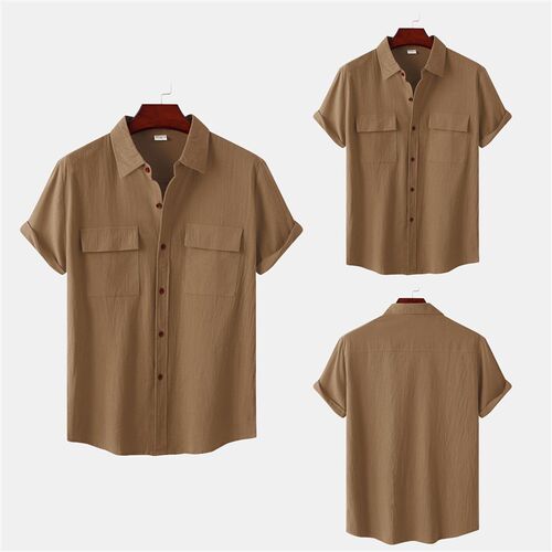 Summer Linen Short Sleeve Shirt for Men Square Collar Casual