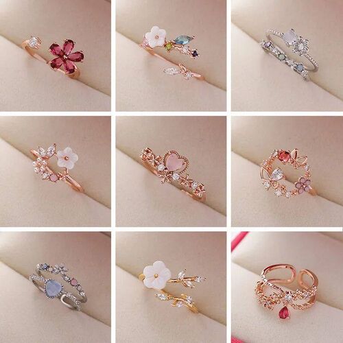 2024 New Fashion Crystal Zircon Rings Sweet Flower Leaf Butt