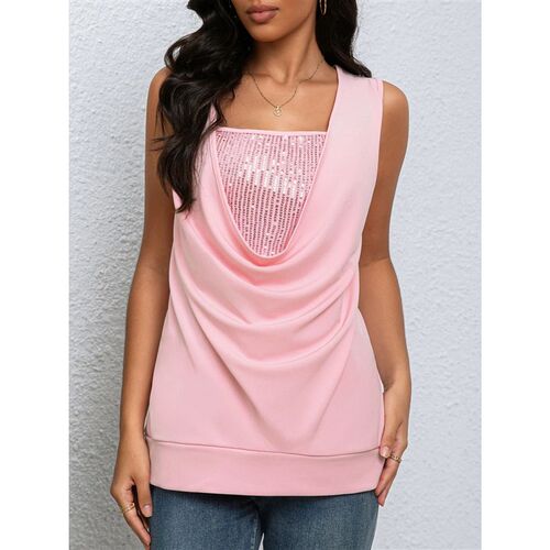 plus size Sequin vest-sleeveless, round neck, polyester blen