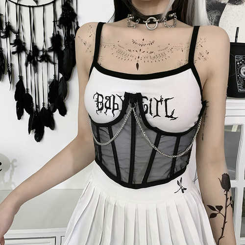 Punk Metal Chain Black Corset Mall Goth High Waist Corsets H