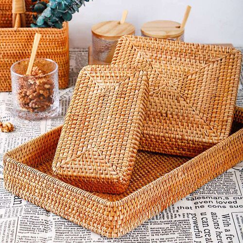 Hand-Woven Storage Basket Rattan Storage Tray Wicker Baskets