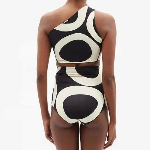 Bestway Black and White Print High Waist One Shoulder Bikini