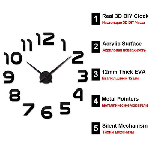 Large 3D DIY Wall Clock Modern Design Silent Big Digital Ac
