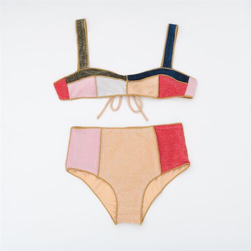 High Waist Bikini Women Swimsuit Contrast Color Patchwork Sw