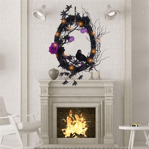Halloween oval wreath, black crow, pumpkin head, purple ros