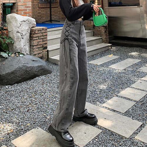 Fashion Gothic High Waist Jeans Women Chic Side Lace Up Wide