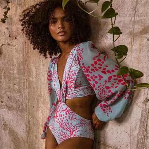 2022 V Neck Bandage Print Long Sleeve Swimwear Women Monoki