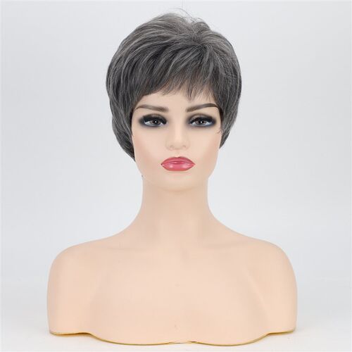Wig Womens Fluffy Short Straight Hair Dark Brown Highlighte
