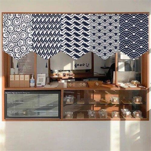 Japanese Style Sea Wave Pattern Short Curtain Noren Coffee