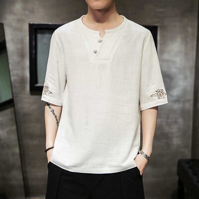 Linen ort-sleeve T-irt s Summer Thin Loose V-neck Cotton an
