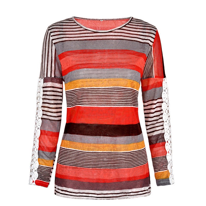 COONIS Women Casual Lace Spliced Long Sleeve Colorful Stripe - 实物图