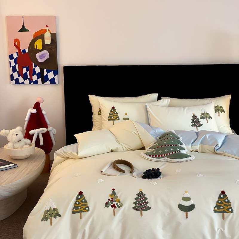 100S澳棉毛巾绣少女心床上用品四件套四季可用亲肤纯棉被套床单