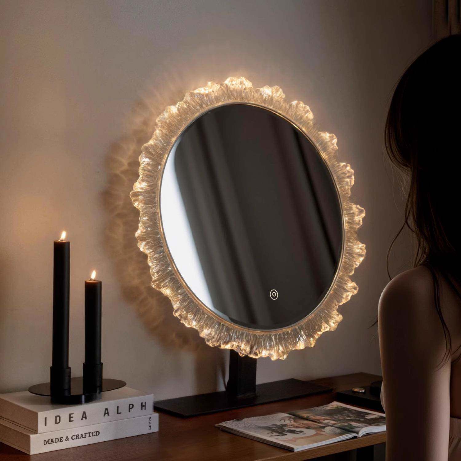 化妆镜台式桌面高级主卧梳妆镜led带灯智能梳妆台大号镜子轻奢风