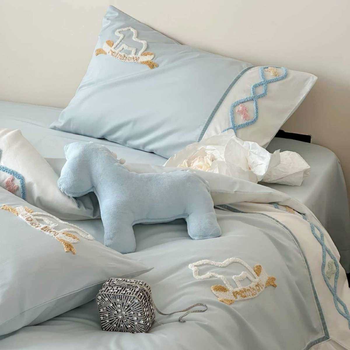 木马毛巾绣纯棉男孩女孩蓝粉配色床单被套可爱儿童长绒棉四件套