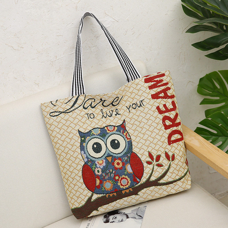 新款百搭刺绣托特包动物帆布购物袋单肩手提大容量女包妈咪包