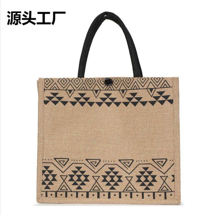 源头工厂国风女士手提包亚麻通勤印花简约棉麻大容量单肩包购物袋