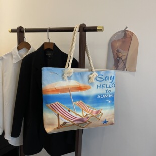 外贸海边沙滩包大托特单肩女包亚麻粗帆布时尚休闲手拎包短途旅行