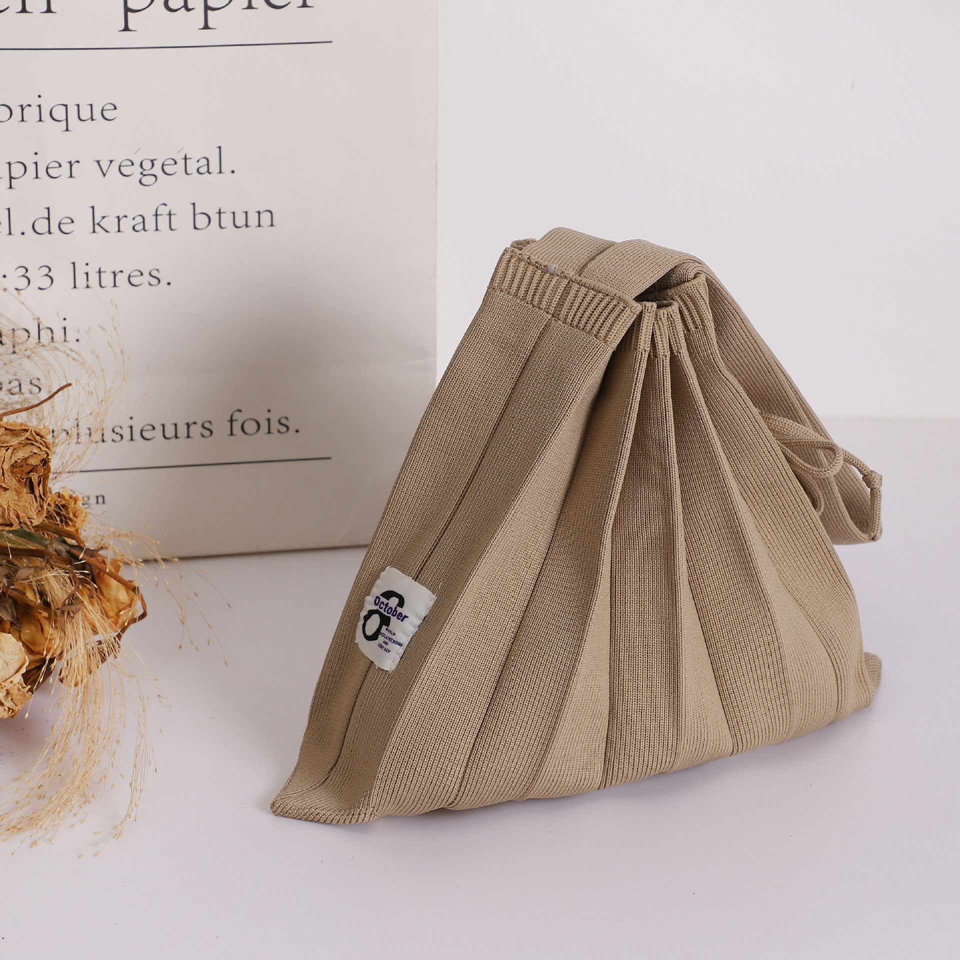 购物袋ins褶皱设计折叠撞色毛线针织单肩手提包风琴包女拼接