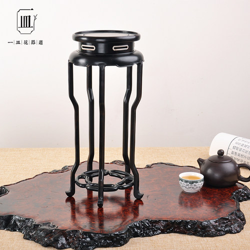 红木底座花瓶花器盘景摆件插花花盘托盘花架实木圆形茶具软装托架