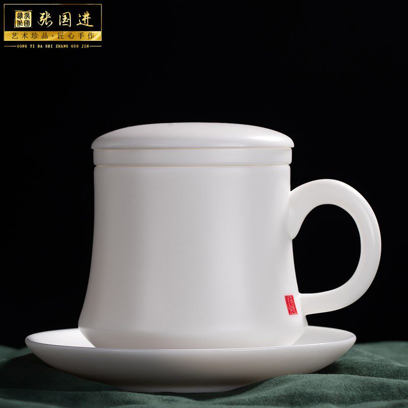 张国进手作白瓷办公杯高档陶瓷茶杯带盖茶水分离水杯羊脂玉瓷杯子