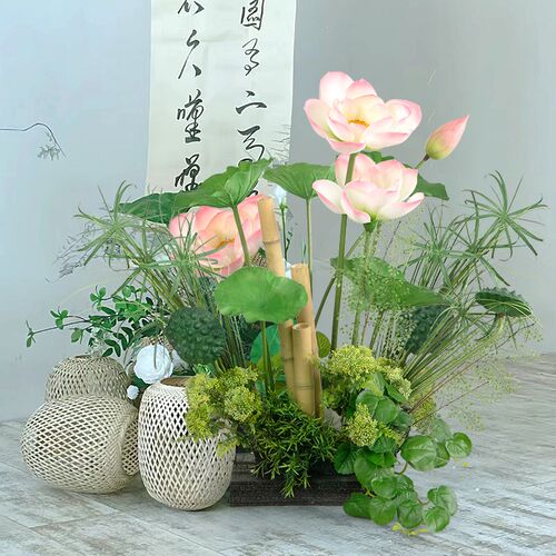 中式仿真荷花装饰造景室内橱窗荷叶竹子绿植景观舞台摆设拍摄道具