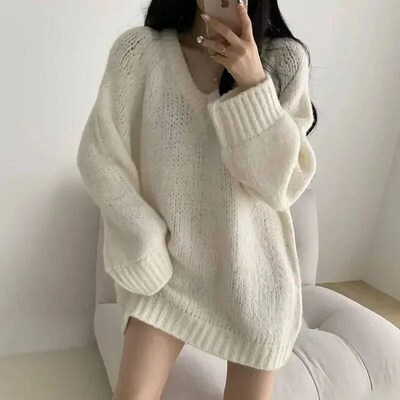 New Spring Autumn Womens Knitted Top V-neck Idle Style Loos