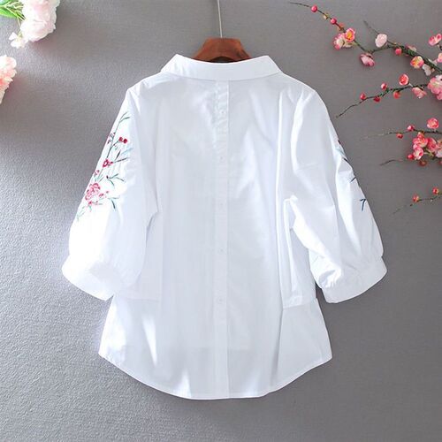 New White Women Blouse Three Quarter Sleeve Cotton Embroider