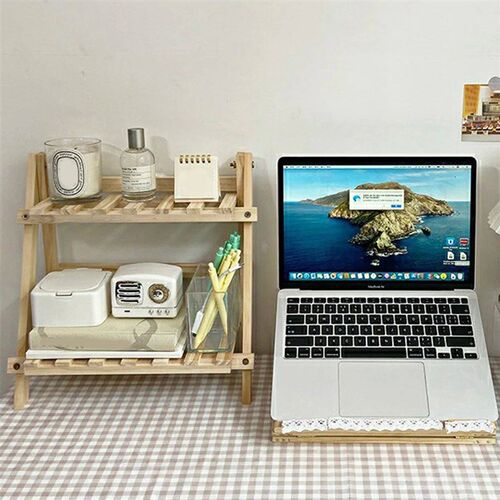 Desktop Storage Wooden Rak Double-Layer Simple Folding Corne