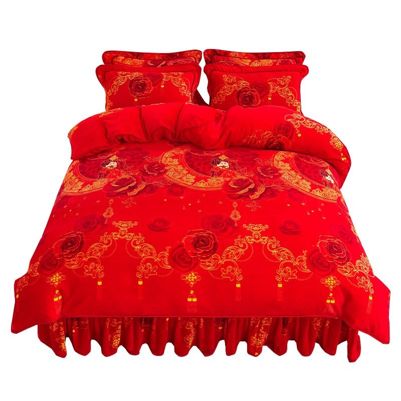 龙凤大红色婚庆床裙四件珊瑚绒陪嫁喜庆被结婚床上用品,床上用品,婚庆床品套件,淘宝优惠券,粉丝福利购,淘宝优惠卷