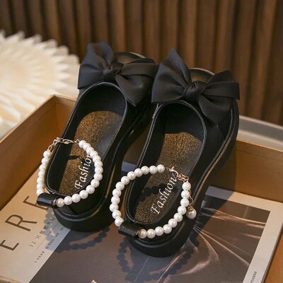 Childrens Fashionable Black Leather Shoes with Pearl Chain