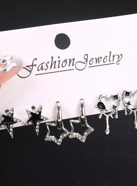 Goth Black Butterfly Crystal Star Earring Set For Women Girl