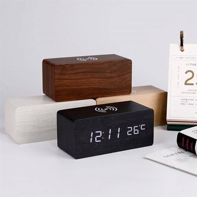 Modern Wooden Wood Digital LED Desk Alarm Clock Thermometer