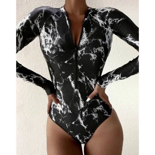 Summer Print Zipper One Piece Swimsuit Closed Long Sleeve Sw