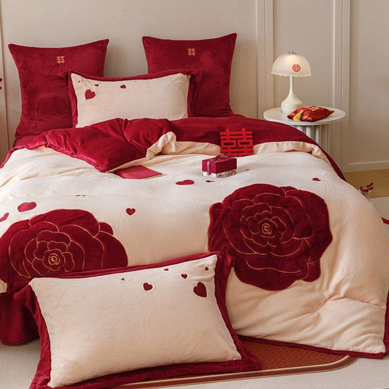 新款浪漫婚庆保暖四件加厚玫瑰刺绣结婚红色被床上用品,床上用品,婚庆床品套件,淘宝优惠券,粉丝福利购,淘宝优惠卷