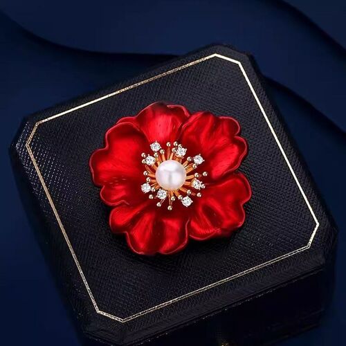 Red Noble Flower Peony Brooch HighEnd Womens Natural Pearl P