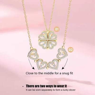 Retro Magnetic Folding Heart Shaped Four Leaf Clover Pendant