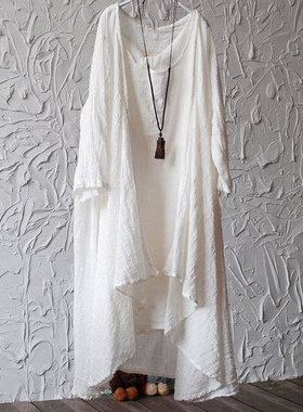 ASYMSAY Spring Autumn Loose Plus Size Cotton Linen Long Blou