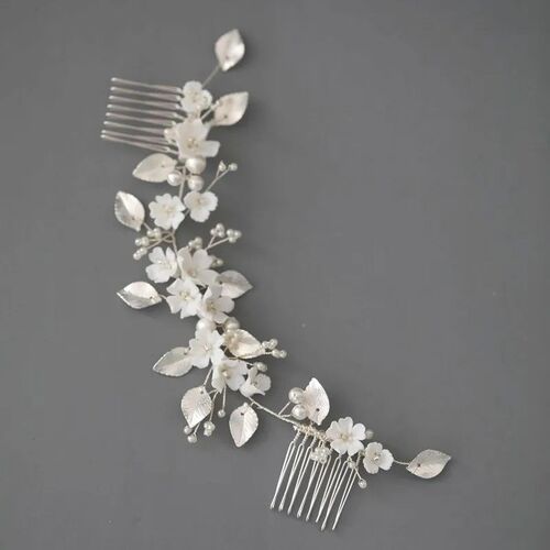 Bridal Long Hair Comb White Porcelain Flower Wedding Headpie